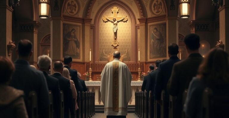 Konserwatywny obraz katolickiego kościoła z kapłanem podczas mszy w tradycyjnej liturgii, ukazujący powagę i sacrum w obliczu nowoczesnych wyzwań mediów społecznościowych