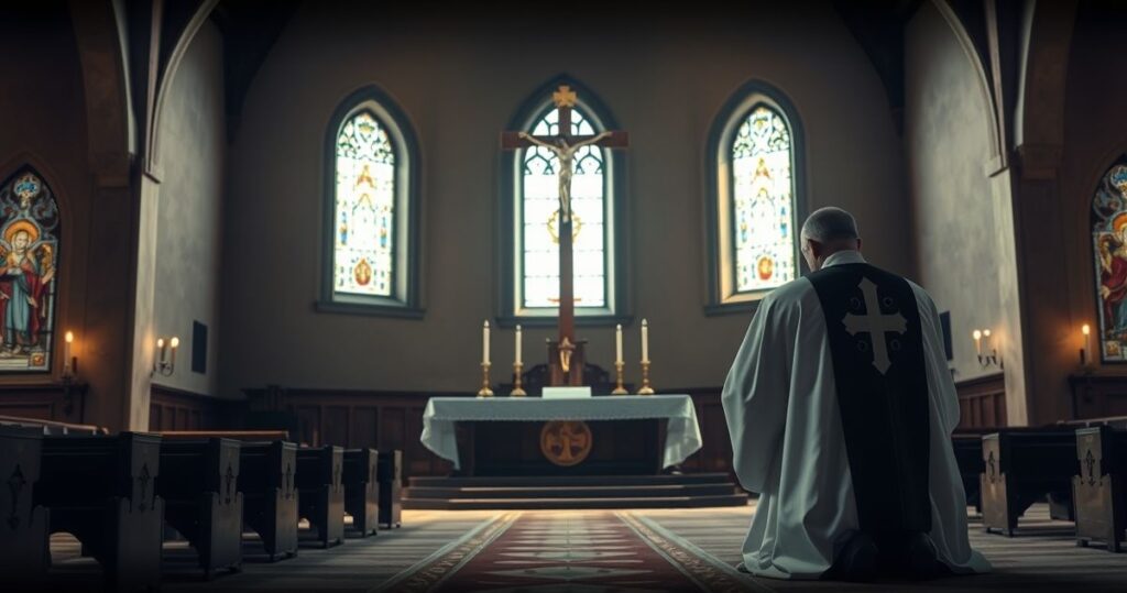 Religijny obraz kapłana modlącego się w świątyni, symbolizujący troskę o prawdziwy pokój i królestwo Chrystusa, z naciskiem na tradycyjną katolicką pobożność.