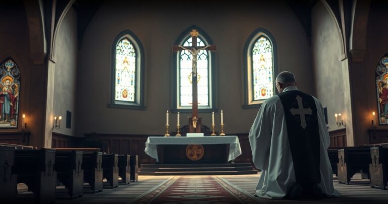 Religijny obraz kapłana modlącego się w świątyni, symbolizujący troskę o prawdziwy pokój i królestwo Chrystusa, z naciskiem na tradycyjną katolicką pobożność.