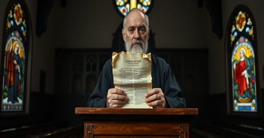 Tradycyjny katolicki księż w sutannie stoi przed starym drewnianym amboną, trzymając stary egzemplarz Trzeciej Tajemnicy Fatimskiej. Na tle ciemniejszej kościołowej wnętrzności z witrażem przedstawiającym tradycyjnych świętych.