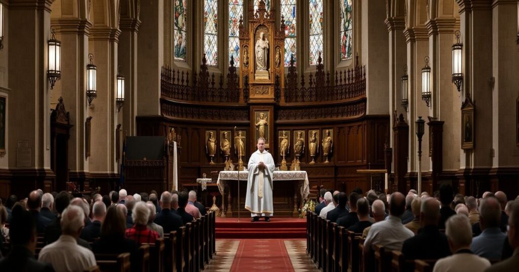 Wnętrze tradycyjnego kościoła katolickiego z kapłanem celebrowanym Mszę Trydencką w obecności wiernych.