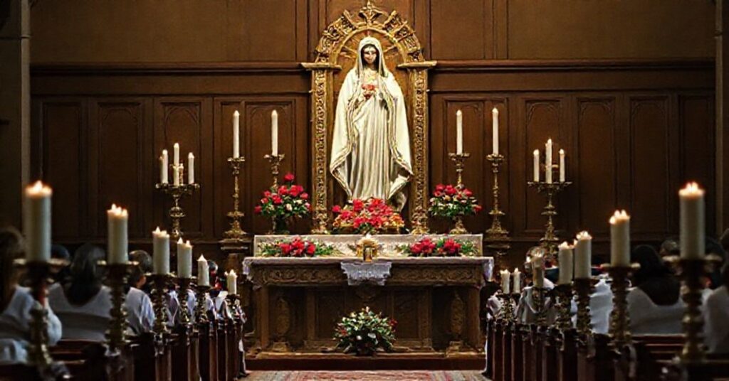 Tradycyjne katolickie przedstawienie ołtarza z rzeźbą Matki Boskiej otoczoną różami i świecami. W tle wierni modlący się na kolanach pod przewodnictwem kapłana w tradycyjnych ornatach.