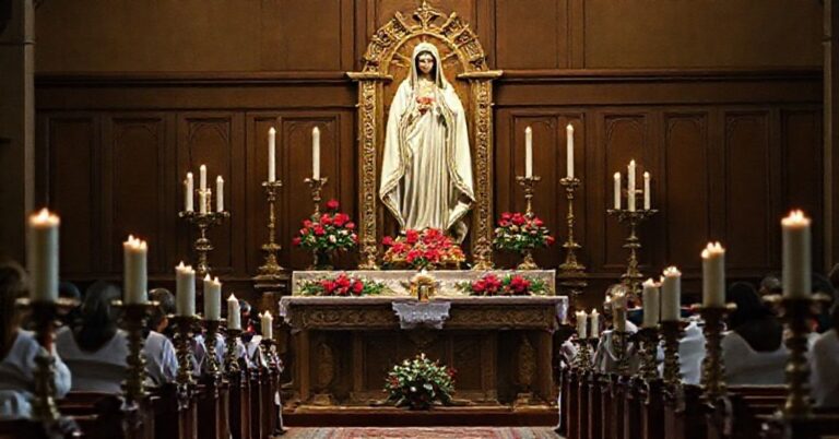 Tradycyjne katolickie przedstawienie ołtarza z rzeźbą Matki Boskiej otoczoną różami i świecami. W tle wierni modlący się na kolanach pod przewodnictwem kapłana w tradycyjnych ornatach.