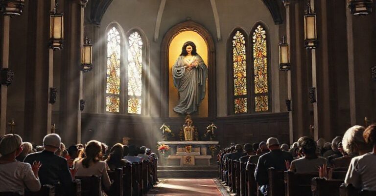 Wnętrze tradycyjnego kościoła katolickiego z rzeźbą Najświętszego Serca Jezusa otoczonego modlącym się ludem. Scena jest oświetlona naturalnym światłem przelatującym przez witraże.