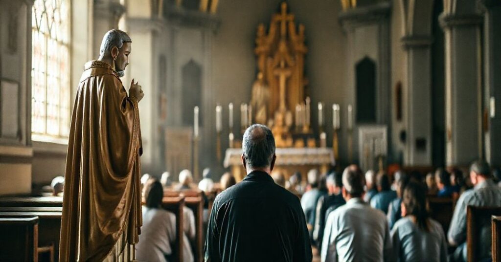 Tradycyjny kościół katolicki z wiernymi modlącymi się przed statuą świętego