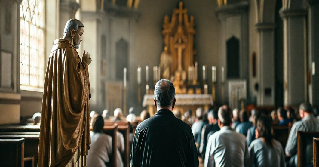 Tradycyjny kościół katolicki z wiernymi modlącymi się przed statuą świętego