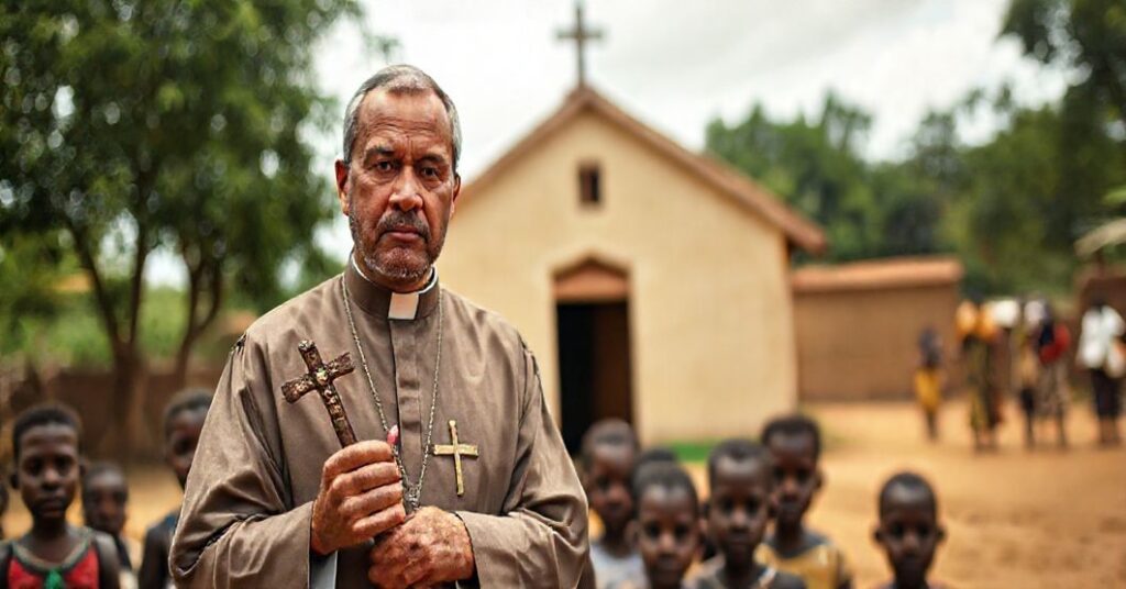 Tradycyjny katolicki księż w sukience stoi przed prostym kościółkiem misyjnym w Beninie otoczony miejscowymi dziećmi.
