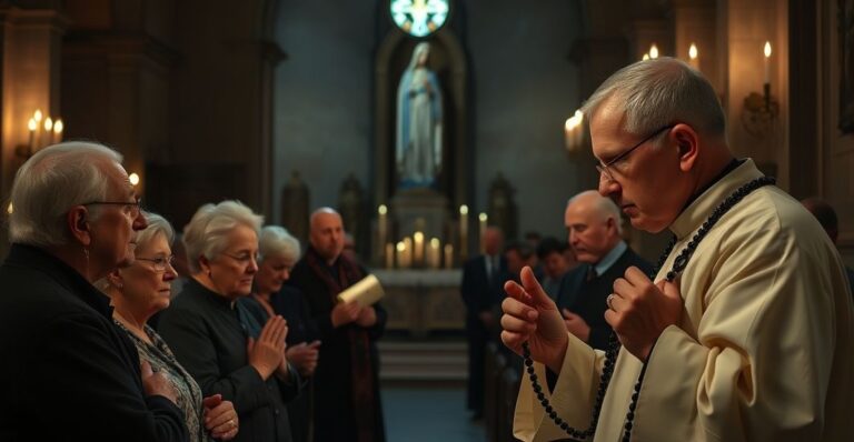 Grupa tradycjonalistów modli się w kościele, podkreślając walkę z modernistami i postkoncyliającymi błędami.