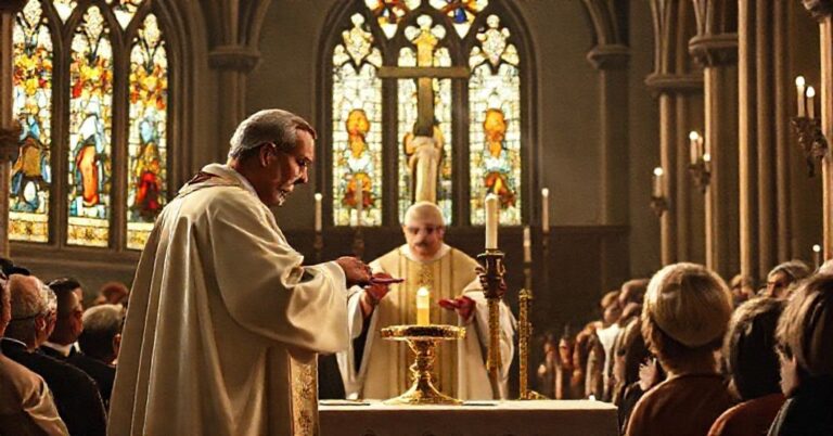 Tradycyjny katolicki mszał z kapłanem w pełnym ornaty konsekrującym Eucharystię w kościele w stylu gotyckim