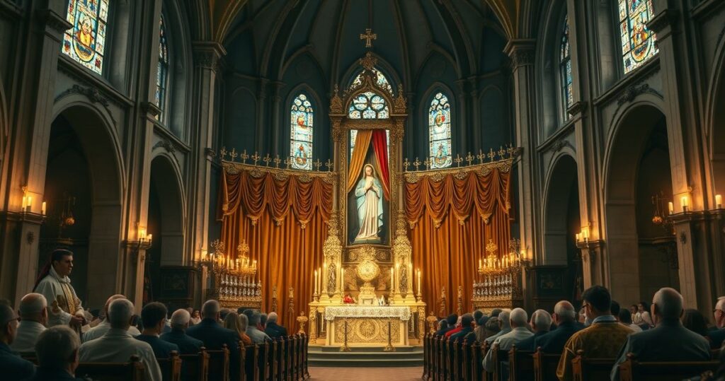 Obraz ukazujący tradycyjny ołtarz z figurą Matki Bożej Częstochowskiej, kapłanów w liturgicznych szatach i poważne zgromadzenie wiernych, podkreślający krytykę modernistycznych zmian w Kościele katolickim