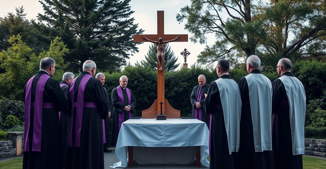 Uroczysty katolicki obrzęd modlitewny przy krzyżu w stylu tradycyjnym Sentymentalny i poważny obraz katolickiego obrzędu modlitewnego przy krzyżu, z kapłanami w tradycyjnych szatach, odzwierciedlający powagę i wierność nauce Kościoła