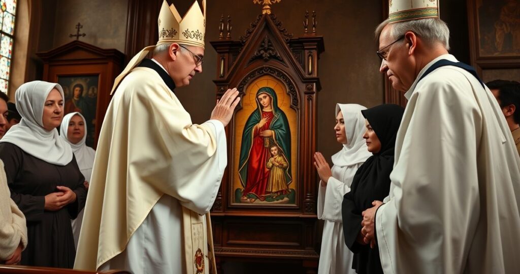 Obraz pątników czczących ikonę Matki Bożej Częstochowskiej w historycznym kościele, ukazujący wiernych w modlitewnej zadumie, symbolizujący tradycyjne katolickie wartości i krytykę modernistycznych praktyk
