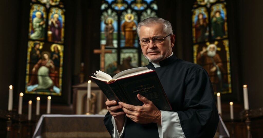 Obrządek tradycyjny w katolickiej kaplicy z księdzem Jamesem Altmanem w czasie modlitwy przed tabernakulum
