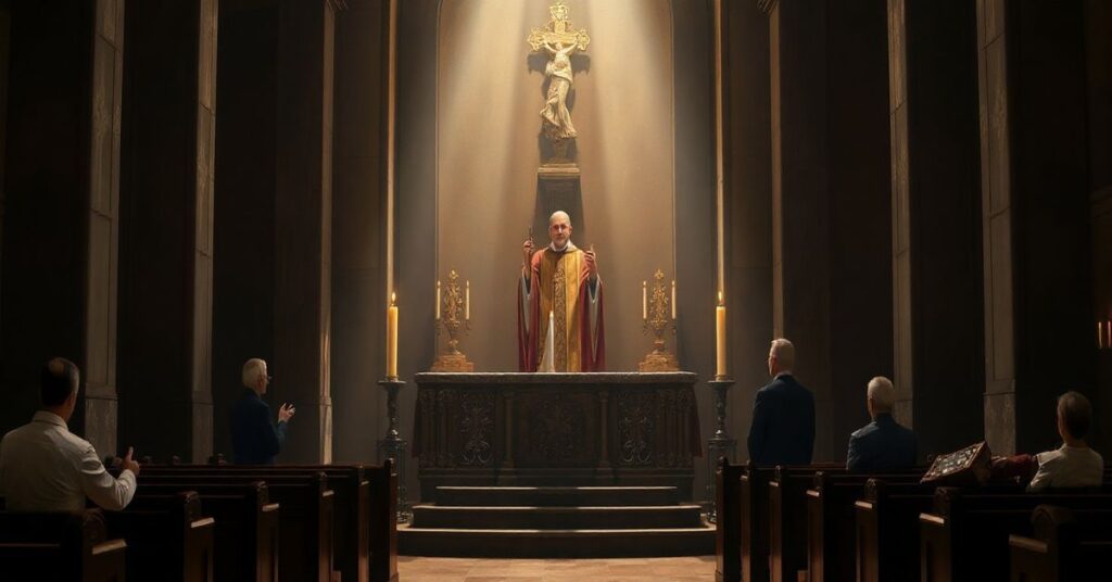 Realistyczne, pełne szacunku zdjęcie tradycyjnego ołtarza katolickiego z kapłanem w liturgicznych szatach, świecami i relikwiami świętych, ukazujące autentyczną eucharystyczną scenę w duchu tradycyjnej katolickiej pobożności