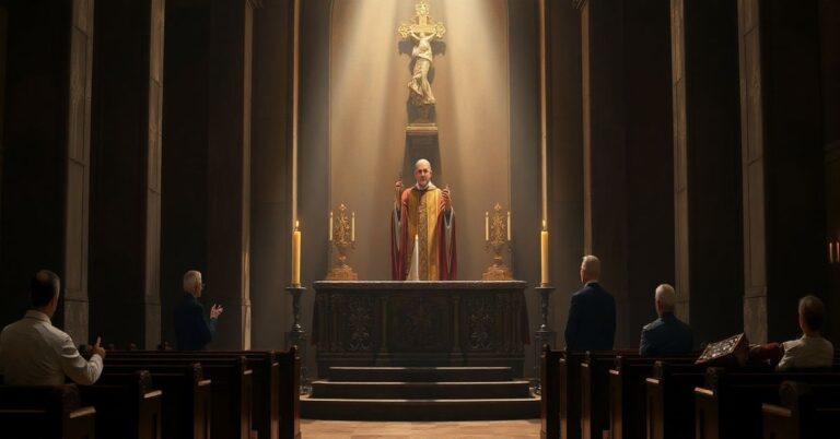 Realistyczne, pełne szacunku zdjęcie tradycyjnego ołtarza katolickiego z kapłanem w liturgicznych szatach, świecami i relikwiami świętych, ukazujące autentyczną eucharystyczną scenę w duchu tradycyjnej katolickiej pobożności