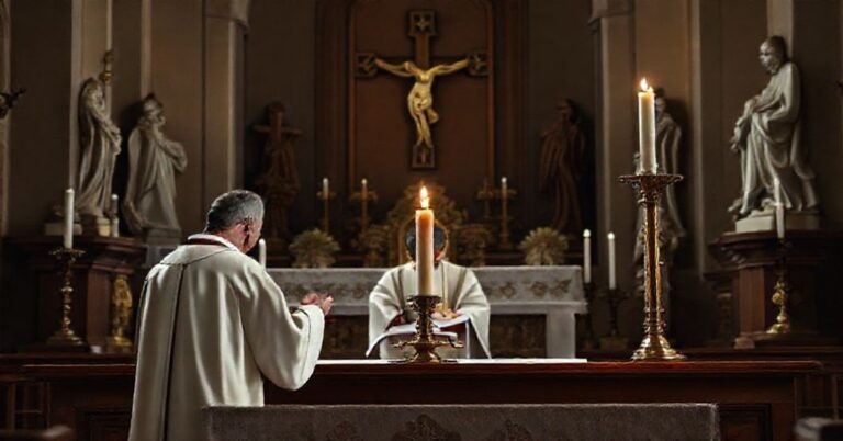 Tradycyjny ołtarz katolicki z kapłanem w tradycyjnych szatach modlącym się przed nim. Symbolizuje krytykę fałszywych kanonizacji i fałszywych cudów.