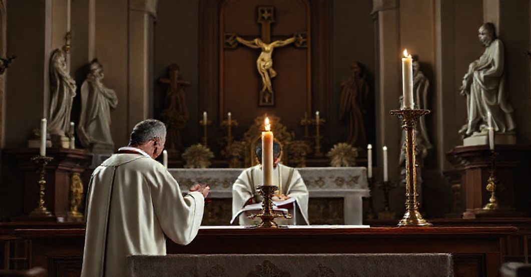 Tradycyjny ołtarz katolicki z kapłanem w tradycyjnych szatach modlącym się przed nim. Symbolizuje krytykę fałszywych kanonizacji i fałszywych cudów.