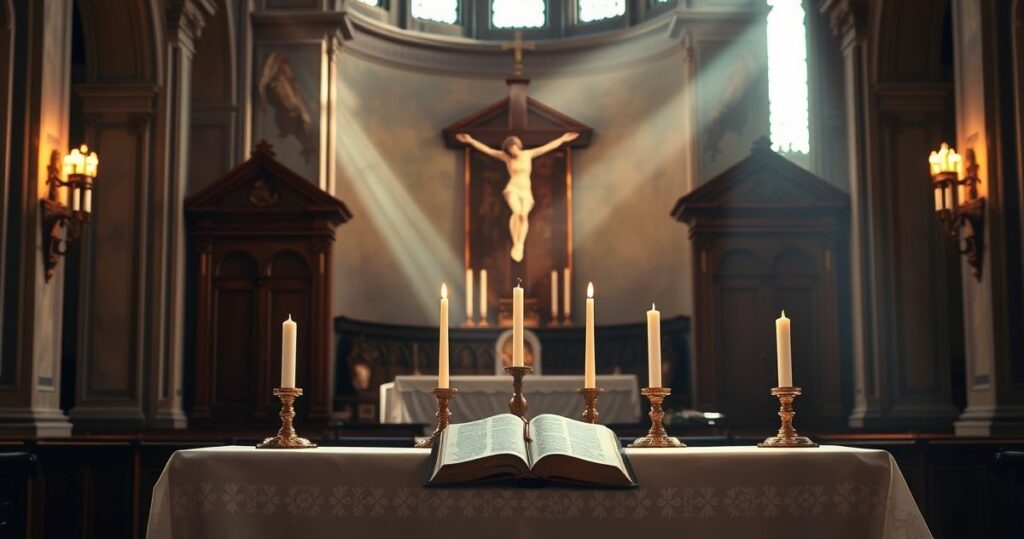 Realistyczne, pełne pokory zdjęcie tradycyjnego ołtarza w kościele katolickim z krucyfiksem i świecami, symbolizujące wierność prawdziwej religii i panowaniu Chrystusa Króla, podkreślające duchową głębię i moralny fundament prawdy.