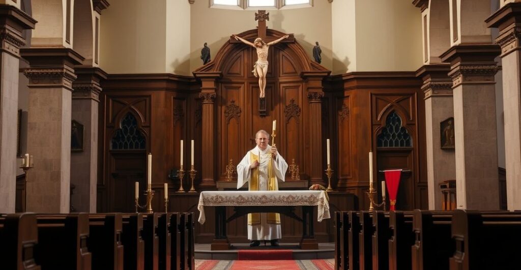Fotografia realistyczna przedstawiająca tradycyjną kaplicę katolicką z ołtarzem, duchownym w liturgicznych szatach i krucyfiksem, ukazującą duchową powagę i wierność nauce Kościoła.