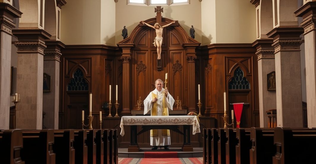Fotografia realistyczna przedstawiająca tradycyjną kaplicę katolicką z ołtarzem, duchownym w liturgicznych szatach i krucyfiksem, ukazującą duchową powagę i wierność nauce Kościoła.