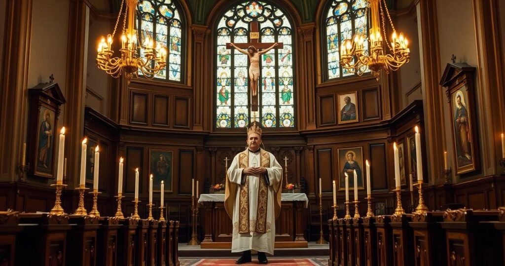 Obraz tradycyjnego ołtarza katolickiego z kapłanem w vestiach, symbolizujący wierność wierze wobec modernistycznych zagrożeń