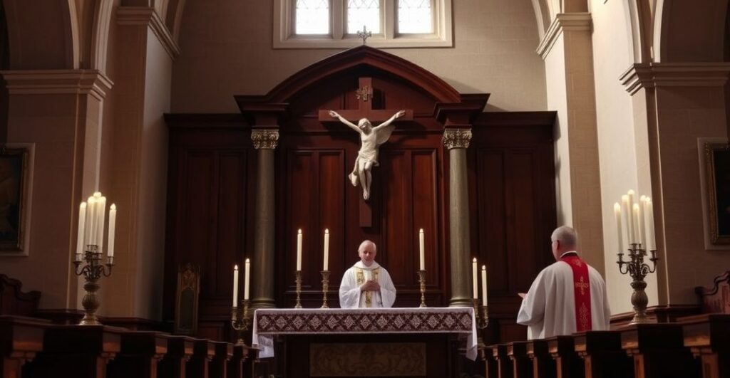 Rewersyjne zdjęcie tradycyjnego ołtarza katolickiego z krucyfiksem i kapłanem w liturgicznych szatach, odzwierciedlające pełną pobożność i wierność katolickiej tradycji