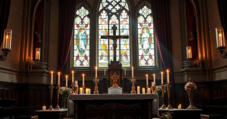 Religijne, realistyczne zdjęcie tradycyjnego ołtarza z krucyfiksem, świecami i relikwiami, ukazujące głęboką wiarę i duchową powagę w katolickim kościele.