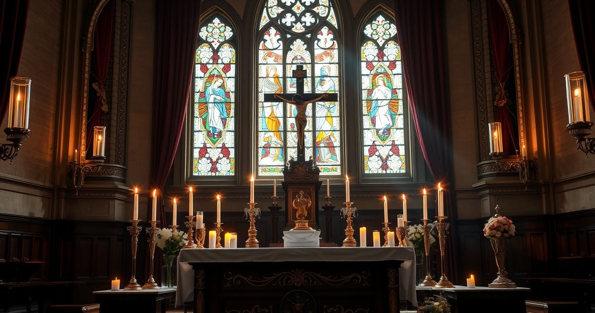 Tradycyjny ołtarz katolicki z krucyfiksem i świecami w duchu wiary Religijne, realistyczne zdjęcie tradycyjnego ołtarza z krucyfiksem, świecami i relikwiami, ukazujące głęboką wiarę i duchową powagę w katolickim kościele.