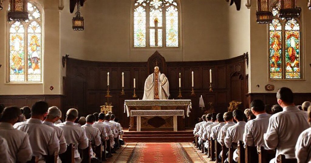 Tradycyjny ołtarz katolicki z księżem w sutannie celebrującym trydencką Mszę Świętą, otoczony klęczącymi klerykami w modlitwie. Delikatne naturalne światło przechodzi przez witraże.
