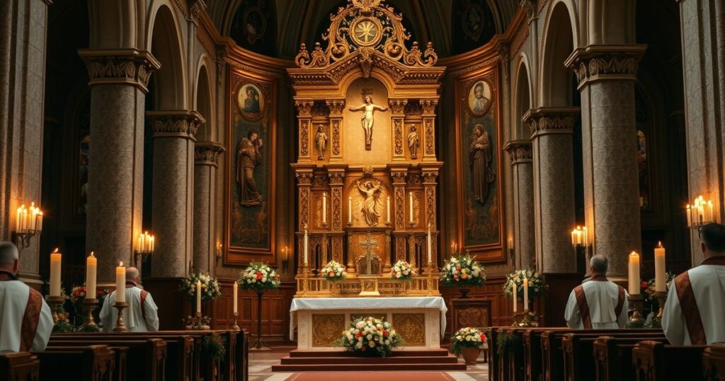 Zdjęcie realistycznego, pełnego szacunku ołtarza katolickiego podczas liturgii w tradycyjnym stylu, wyrażające sprzeciw wobec modernistycznych innowacji w Kościele