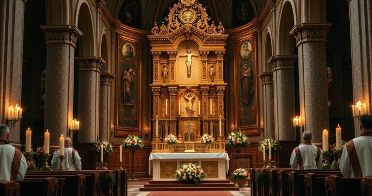 Zdjęcie realistycznego, pełnego szacunku ołtarza katolickiego podczas liturgii w tradycyjnym stylu, wyrażające sprzeciw wobec modernistycznych innowacji w Kościele