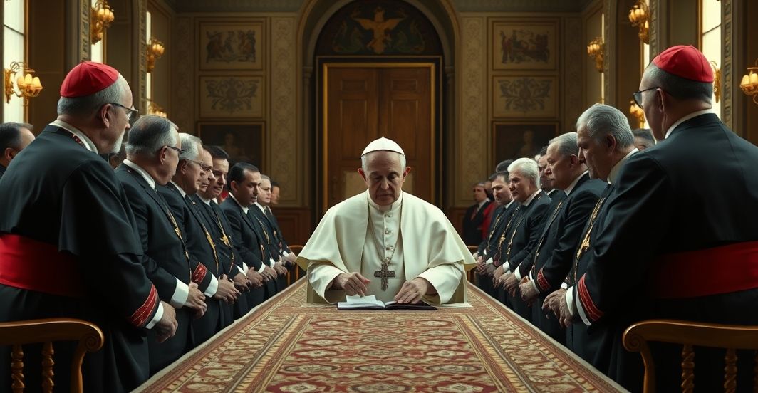 Papież w Watykanie krytykujący współczesne działania polityczne Kościoła Realistyczny obraz tradycyjnego papieża w Watykanie, krytyczny wobec współczesnej polityki Kościoła, wyrażający powagę i duchową głębię