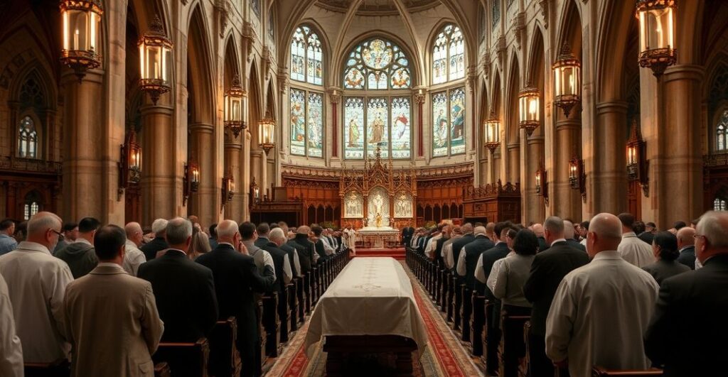 Fotografia realistyczna ukazująca katolicką liturgię pogrzebową w tradycyjnej świątyni, z duchownymi w liturgicznych szatach i wiernymi w żałobnych strojach, oddająca powagę i autentyczność katolickiego obrzędu.