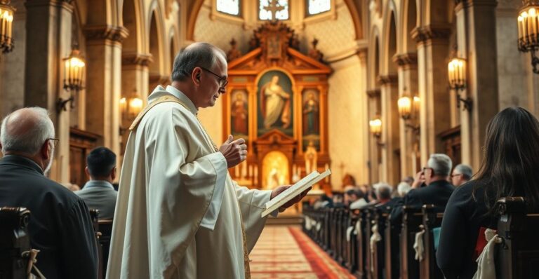 Zdjęcie realistyczne tradycyjnego katolickiego księdza odprawiającego pogrzeb w starej świątyni, odzwierciedlające głęboką religijność i szacunek dla Tradycji Kościoła