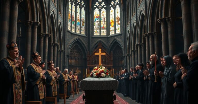 Sentymentalna scena katolickiego pogrzebu w tradycyjnej świątyni, z duchownymi w liturgicznych vestmentach i wiernymi modlącymi się w głębokim skupieniu