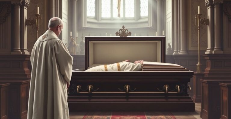 Religijna scena pogrzebowa katolickiego biskupa w kościele, pełna szacunku i powagi, ukazująca duchową głębię i tradycyjne wartości