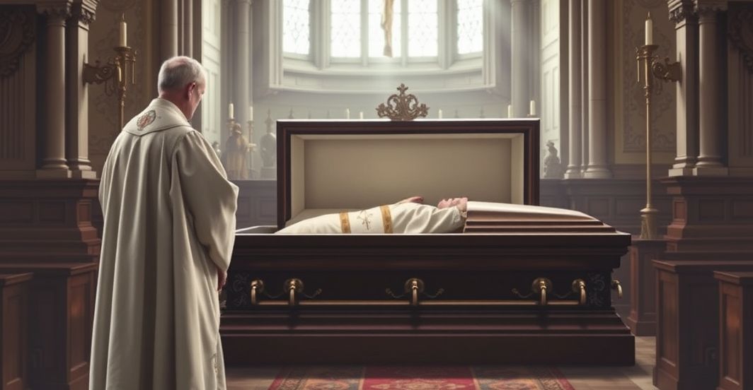 Tradycyjny katolicki pogrzeb biskupa w kościele Religijna scena pogrzebowa katolickiego biskupa w kościele, pełna szacunku i powagi, ukazująca duchową głębię i tradycyjne wartości