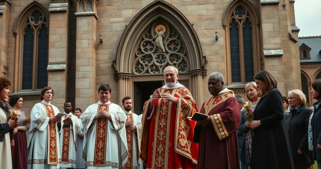 Realistyczna scena pogrzebowa katolicka przed tradycyjnym kościołem, w skupieniu i modlitwie, z kapłanem w szatach liturgicznych, oddająca powagę i sakralność katolickiego obrzędu z naciskiem na autentyczność liturgii.