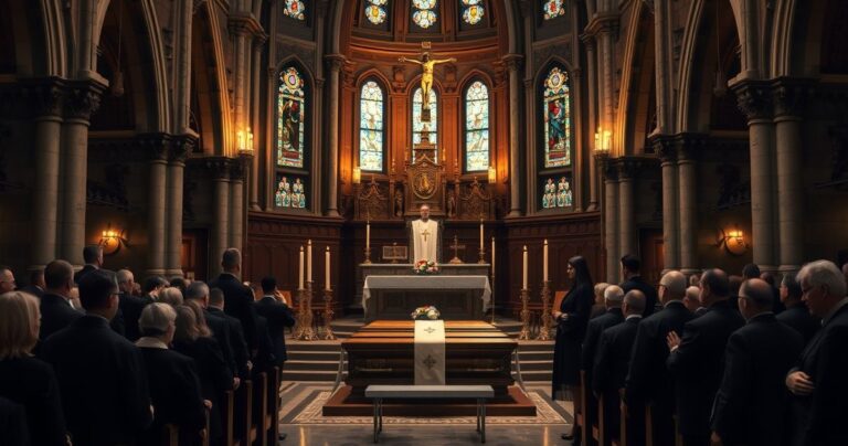 Realistyczna scena pogrzebowa katolicka przed tradycyjnym kościołem, w skupieniu i modlitwie, z kapłanem w szatach liturgicznych, oddająca powagę i sakralność katolickiego obrzędu z naciskiem na autentyczność liturgii.