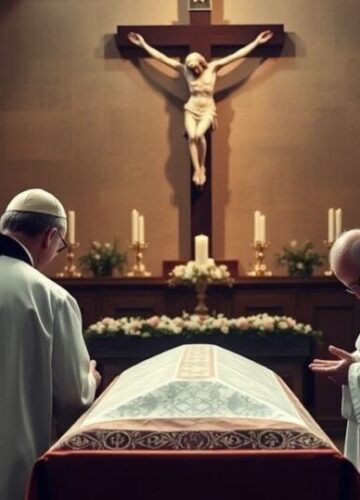 Katolicka scena pogrzebowa z kapłanami w tradycyjnych ornatach, ukazująca szacunek i modlitwę za duszę zmarłego, krytykująca nowoczesne błędy w liturgii i nauczaniu