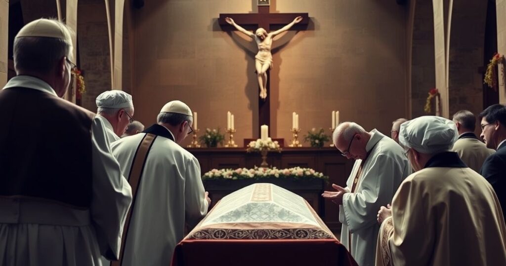 Katolicka scena pogrzebowa z kapłanami w tradycyjnych ornatach, ukazująca szacunek i modlitwę za duszę zmarłego, krytykująca nowoczesne błędy w liturgii i nauczaniu