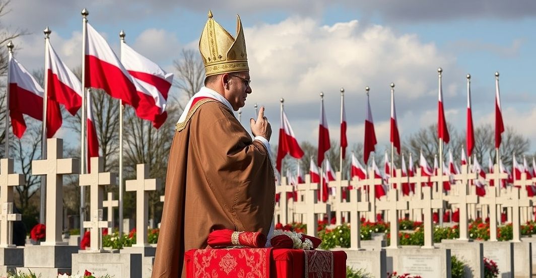 Duchown katolicki prowadzący uroczystość pogrzebową przy pomniku wojskowym, symbolizujący tradycyjne wartości katolickie i wierność wierze.