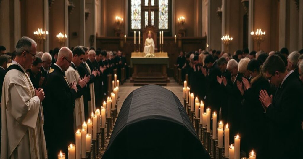 Tradycyjne pogrzebowe msze święte w rzymskim obrządku, z kapłanami w sutannach, trumną przykrytą czarnym tkaniną i modlącą się zgromadzoną. Scena podkreśla powagę sytuacji i duchową walkę o duszę zmarłego.