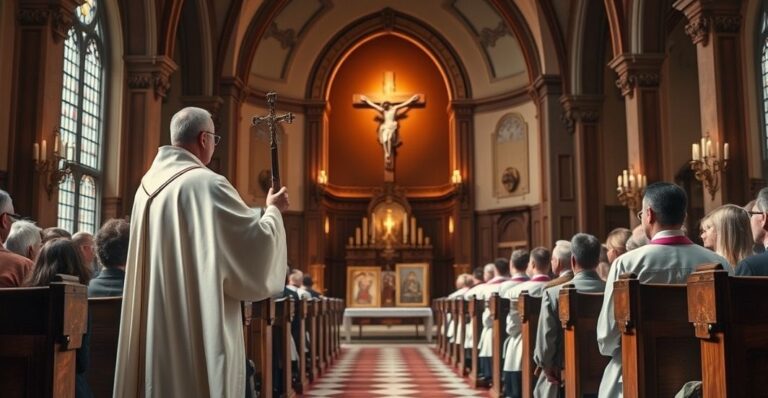 Reverent priest w kościele z wiernymi, podkreślający powagę i tradycję katolicką w obronie życia i Królestwa Chrystusa
