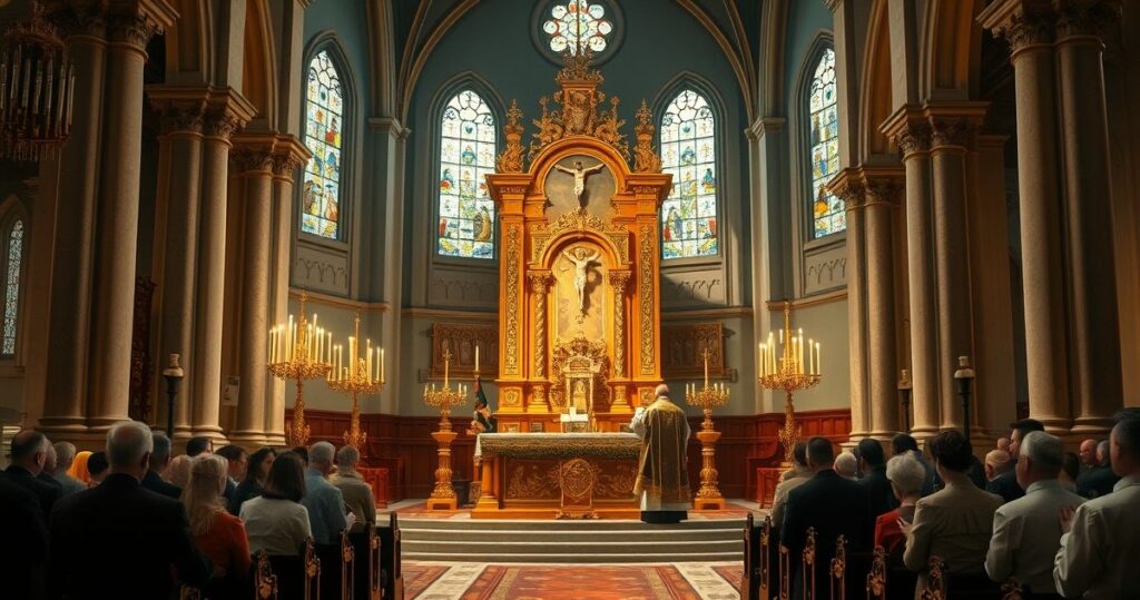 Sanktuarium katolickie z ołtarzem i wiernymi modlącymi się w tradycyjnej świątyni, wyraz głębokiej pobożności i szacunku dla Tradycji Kościoła
