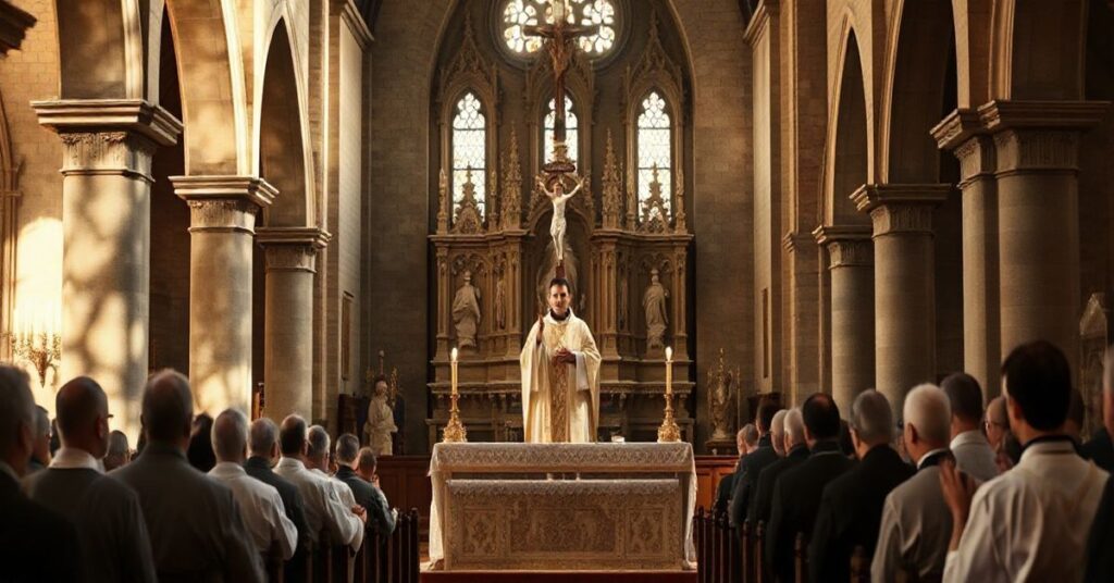 Scena realistycznego, pełnego szacunku kościelnego obrzędu, z kapłanem w szatach liturgicznych i wiernymi w tradycyjnym wnętrzu kościoła, ukazująca powagę i wierność katolickiej tradycji