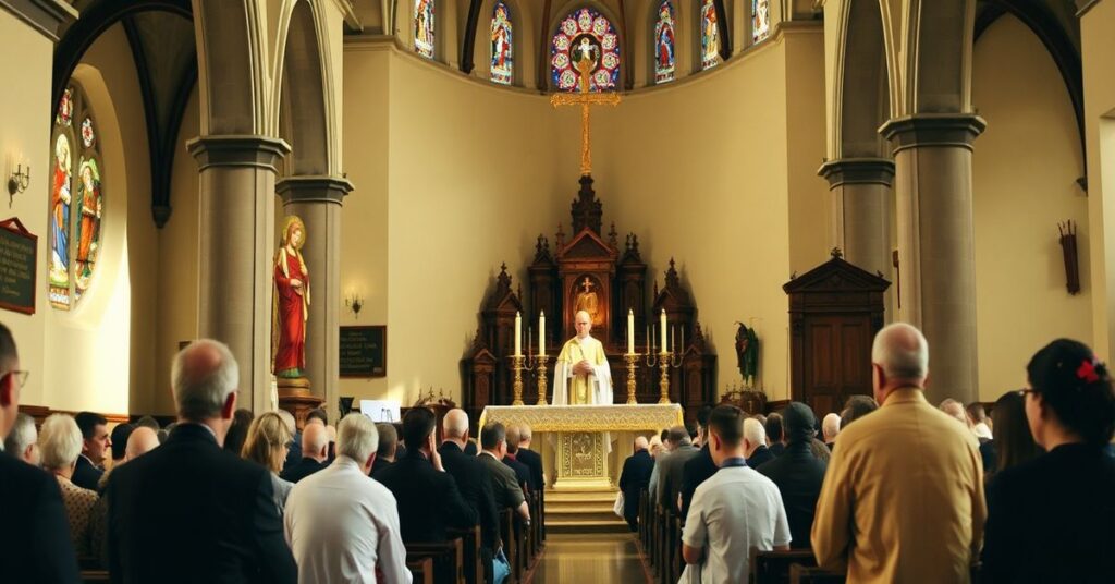 Sobór katolicki w tradycyjnym kościele z kapłanem celebrowanym MSZĄ Świętą, wierni modlący się w pokucie.