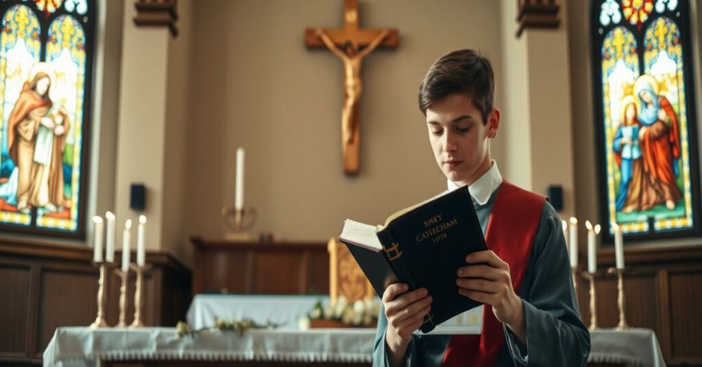 Młody katolicki uczniowie-misjonarz w tradycyjnej odzieży modlący się przed ołtarzem kościelnym z krucyfiksem i świecami.