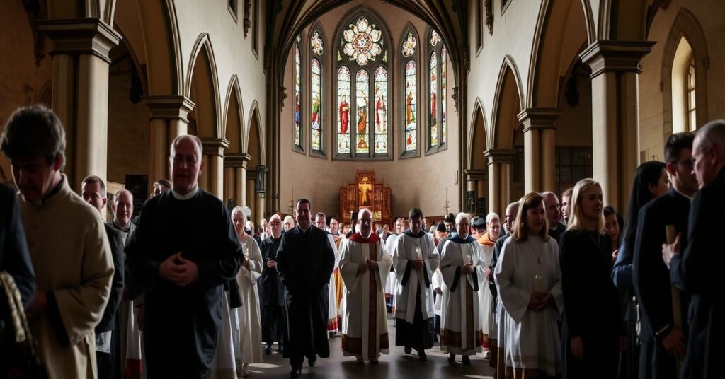 Tradycyjna katolicka sceneria podczas Wielkiego Postu w Olsztynie. Powaga procesji z duchownymi w sutannach i wiernymi w tradycyjnym stroju przechodzących przez historyczny kościół.