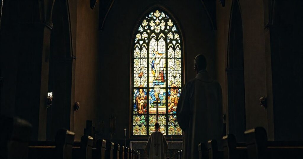 Tradycyjny witraż przedstawiający Ukrzyżowanie w kościele katolickim z księdzem w tradycyjnych szatach liturgicznych.